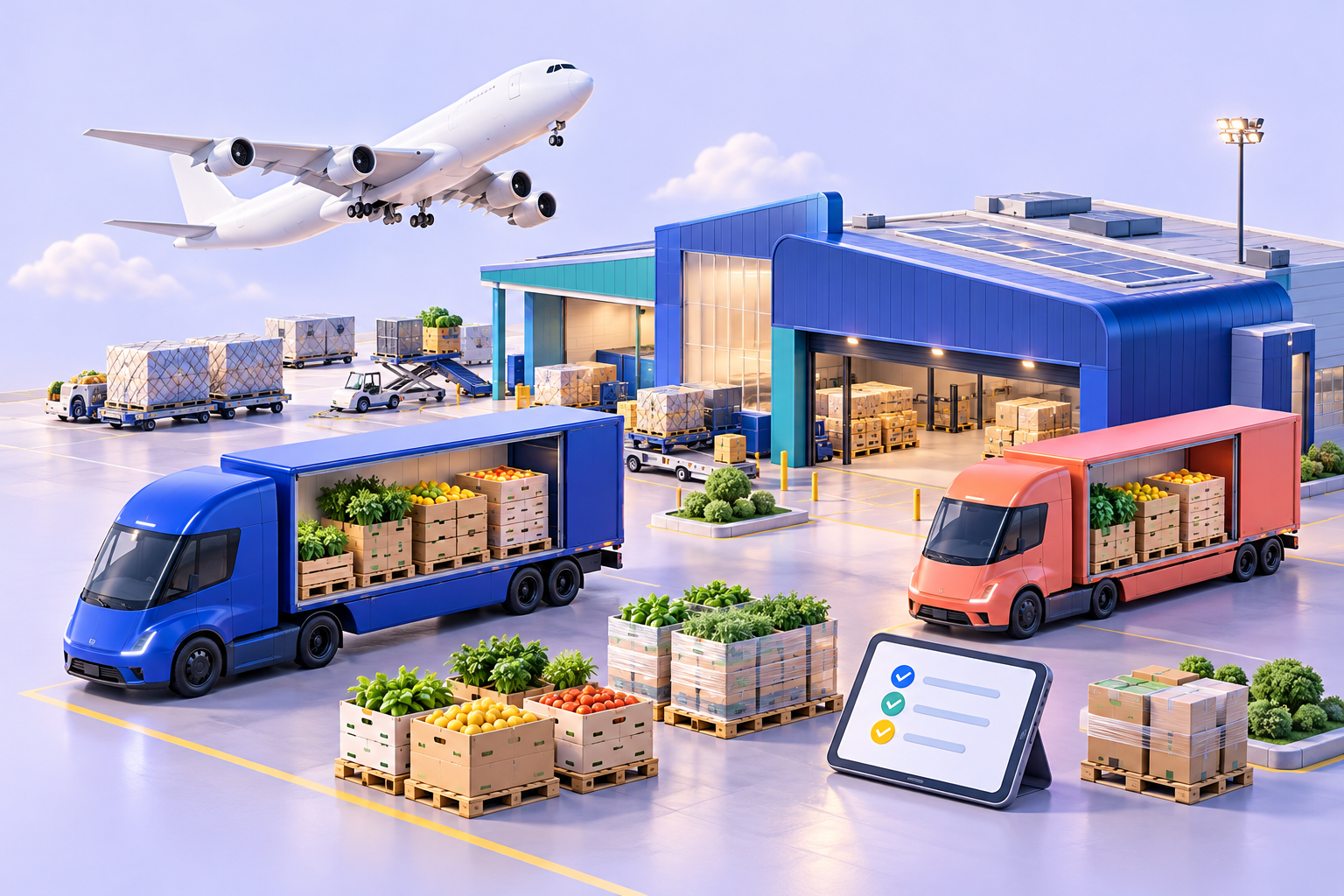 Colourful illustration of a cargo aircraft, modern warehouse and delivery trucks carrying fresh produce